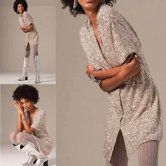 Sunday in Brooklyn Women XSP Sequin Short Sleeve Mini Tunic Shirt Dress EUC - Picture 9 of 9